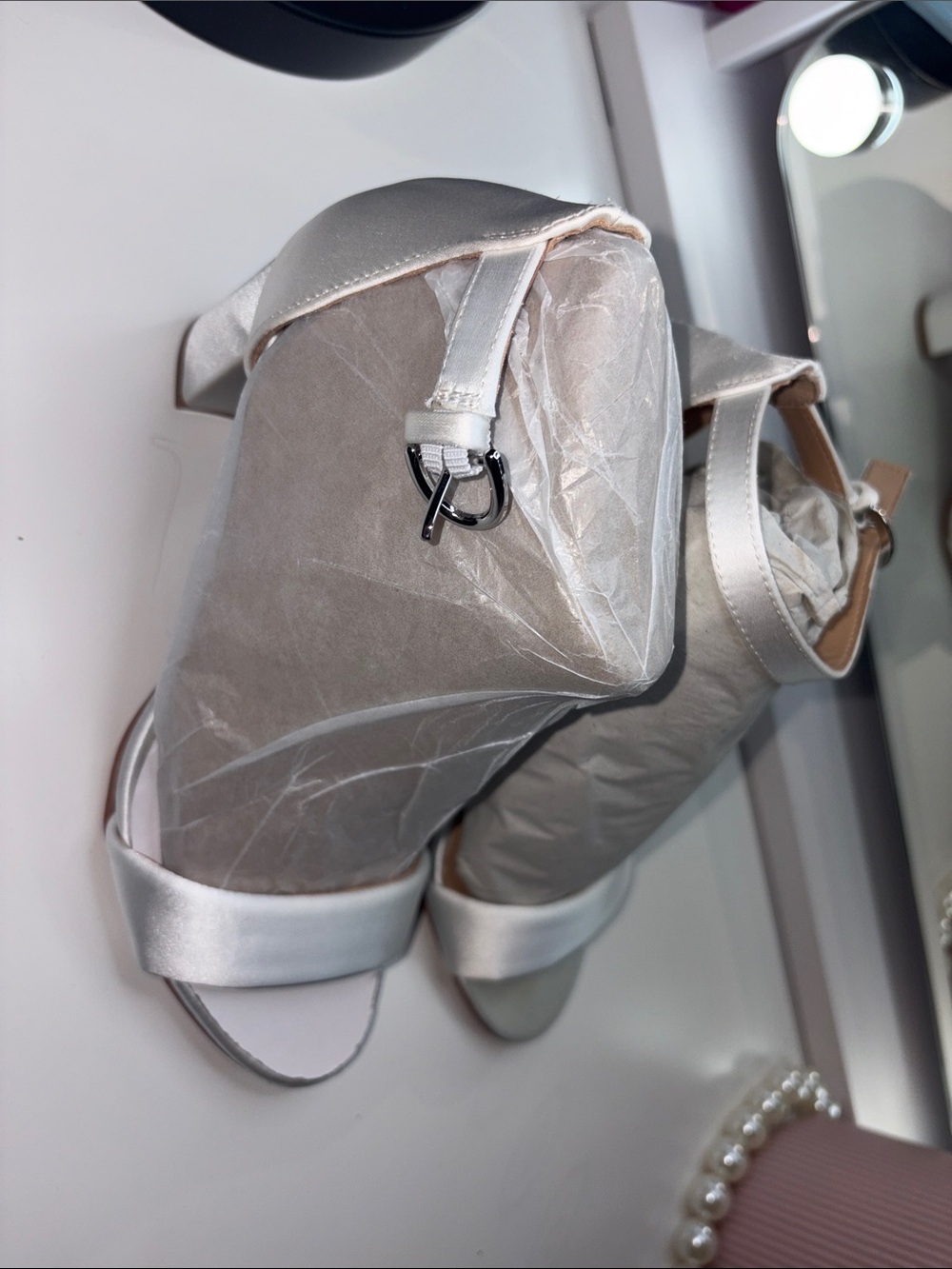 Naturalizer Silver Satin Open-Toe Ankle Strap Heels